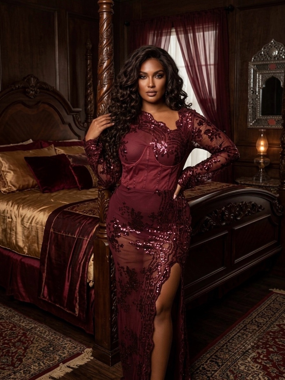 Fashion Nova Burgundy Sequin Mesh Long Sleeve Gown